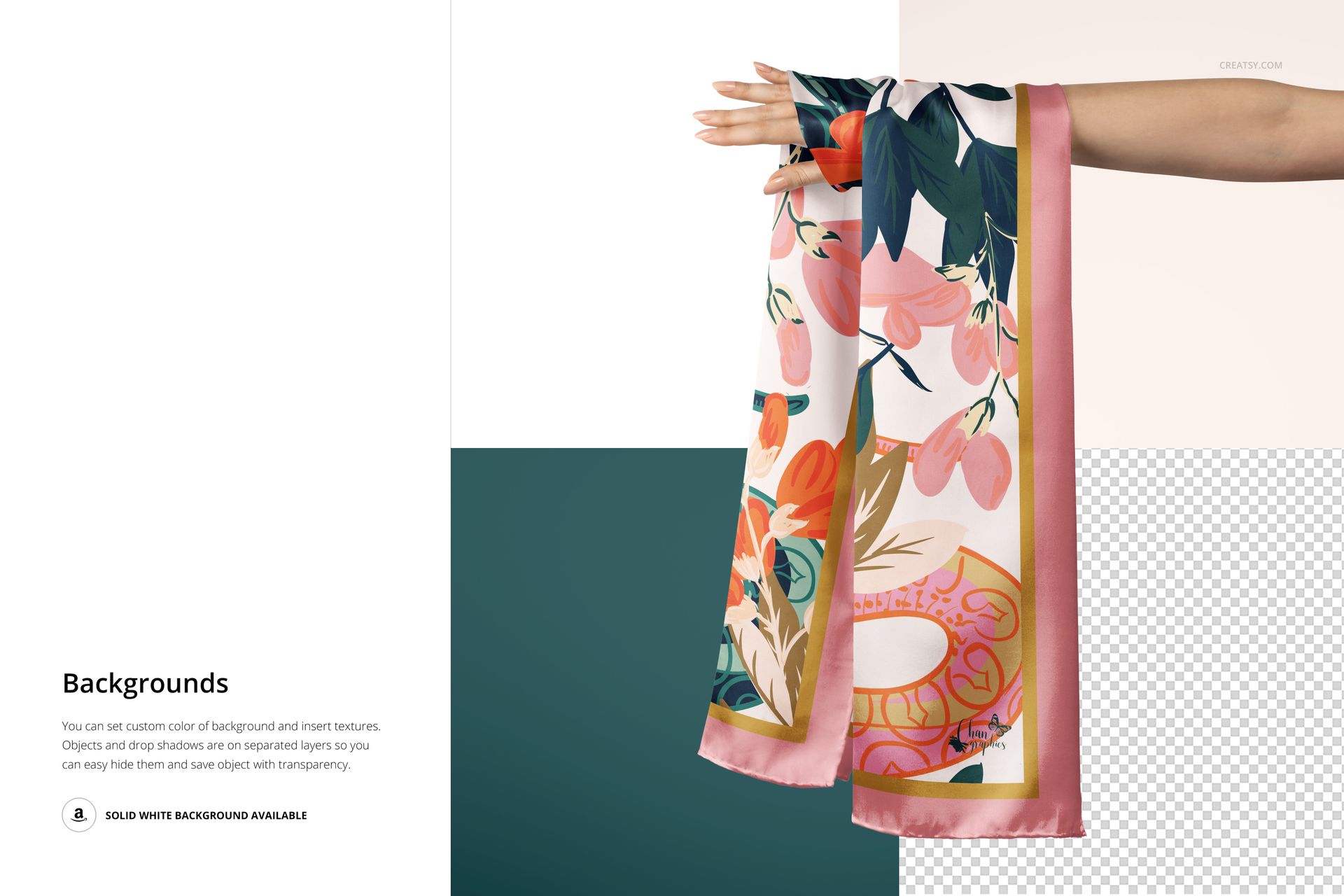 Silk scarf mockup showing vivid pink, green, and cream patterns, elegantly hanging from a hand over a modern background.