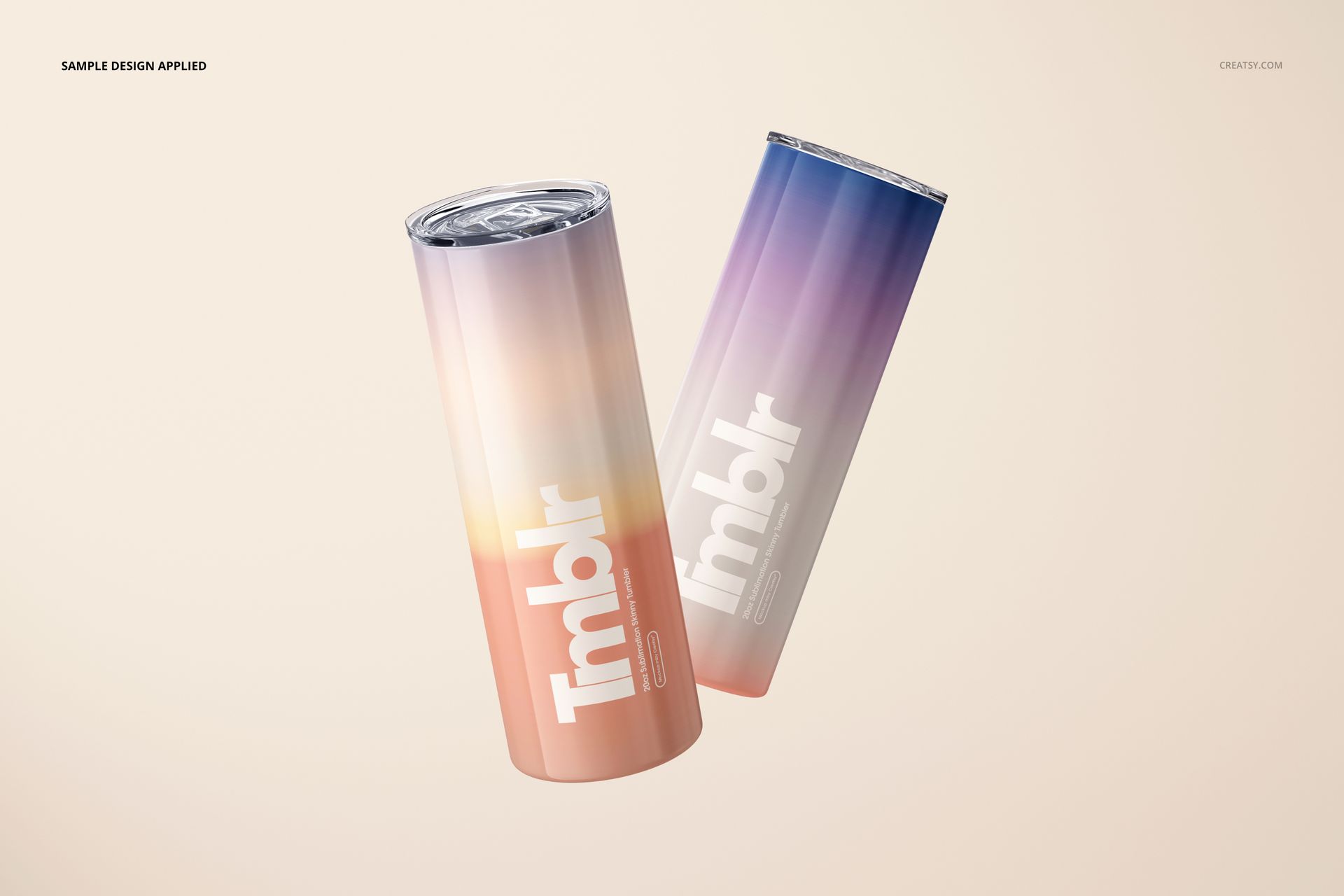 Two 20oz skinny tumblers with gradient pastel colors and white text, shown on a light neutral background.