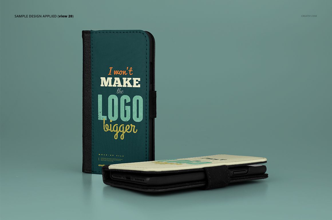 Foldable iPhone X case mockup set showing one case standing upright and another lying flat on a solid teal background.