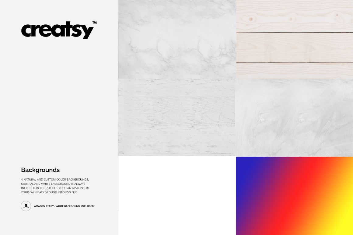 Eye mask mockup set displayed on various background textures, including marble, wood, concrete, and a vibrant gradient.