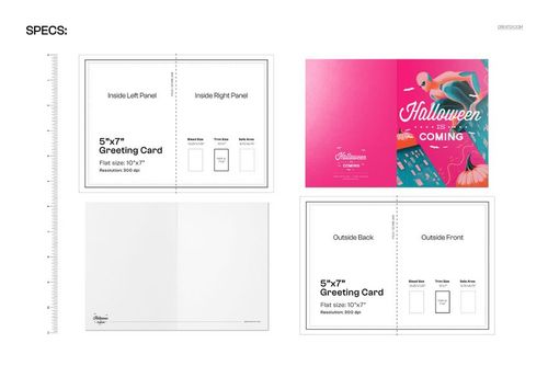 5x7 greeting card mockup template showing a superhero on a rooftop with Halloween theme, front and inside panels visible.