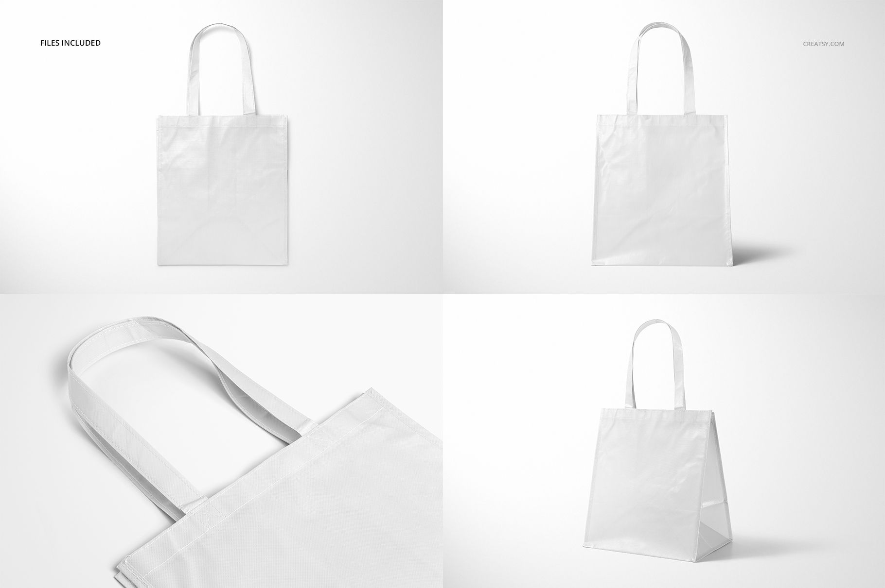 Laminated non-woven tote bag mockup set featuring a plain white bag shown from multiple angles on a light background.
