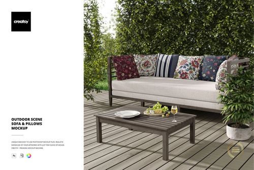 Front view of a sofa and pillows mockup featuring floral and geometric designs, set in a leafy outdoor patio scene.