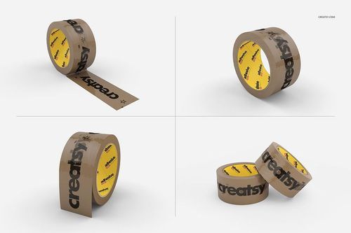 Packing tape mockup set featuring brown adhesive rolls with black text, shown from various angles on a white background.