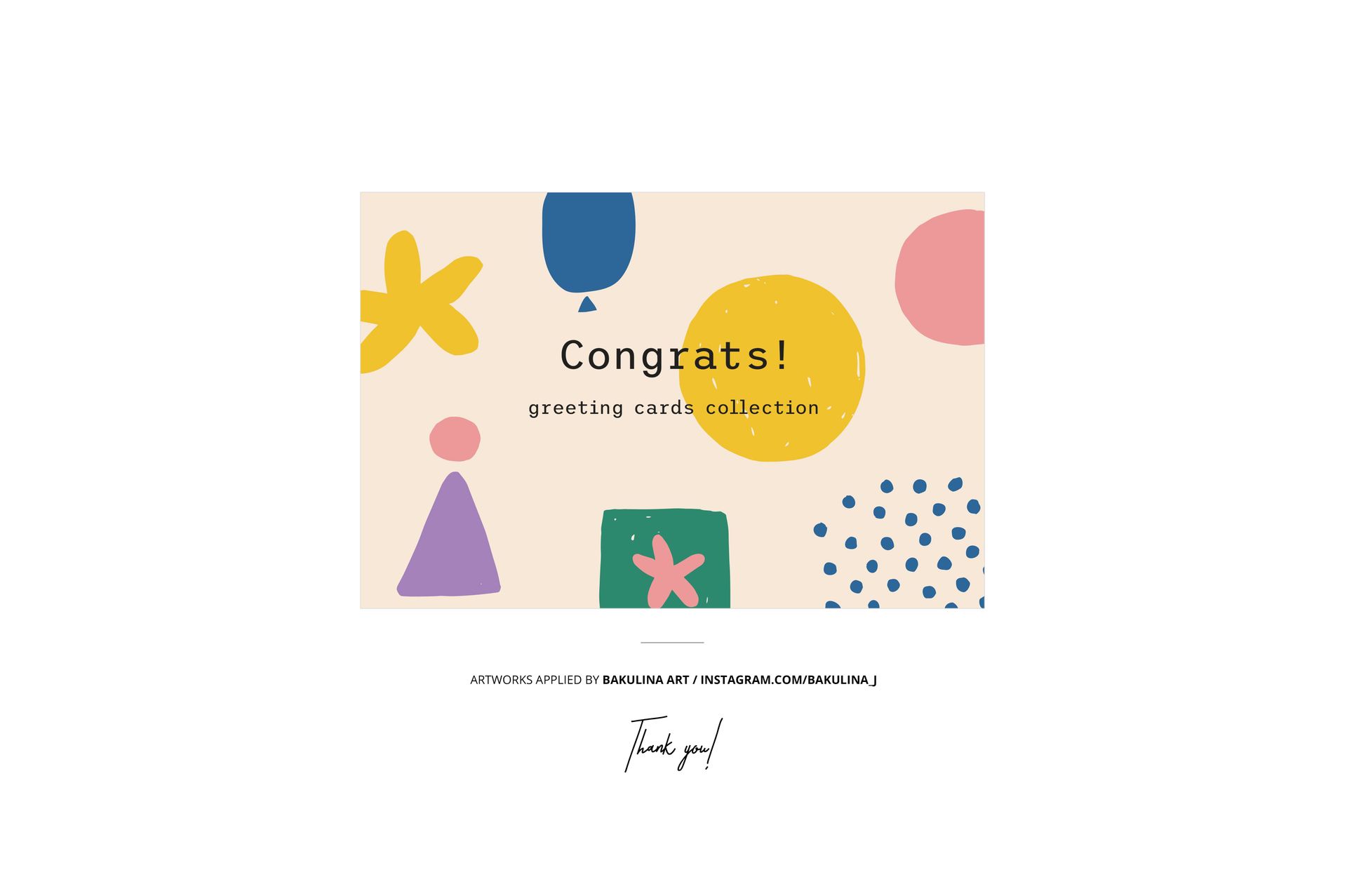 Greeting card mockup featuring geometric and organic shapes in yellow, pink, blue, and green with congratulatory text.