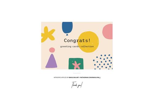 Greeting card mockup featuring geometric and organic shapes in yellow, pink, blue, and green with congratulatory text.