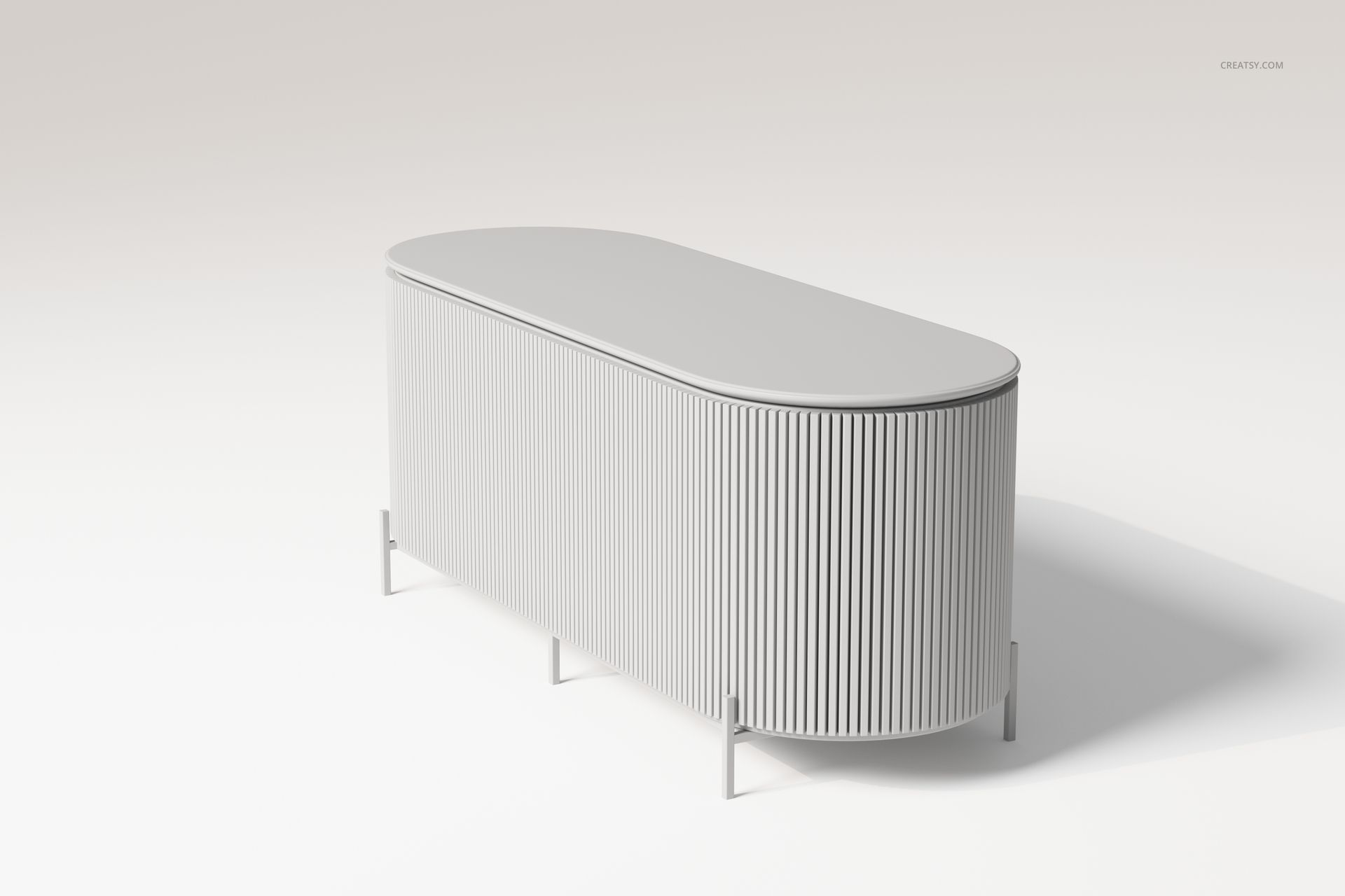 Oval-shaped bar cabinet with vertical fluted texture, shown in a light gray color on a plain background, front angle.