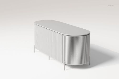 Oval-shaped bar cabinet with vertical fluted texture, shown in a light gray color on a plain background, front angle.