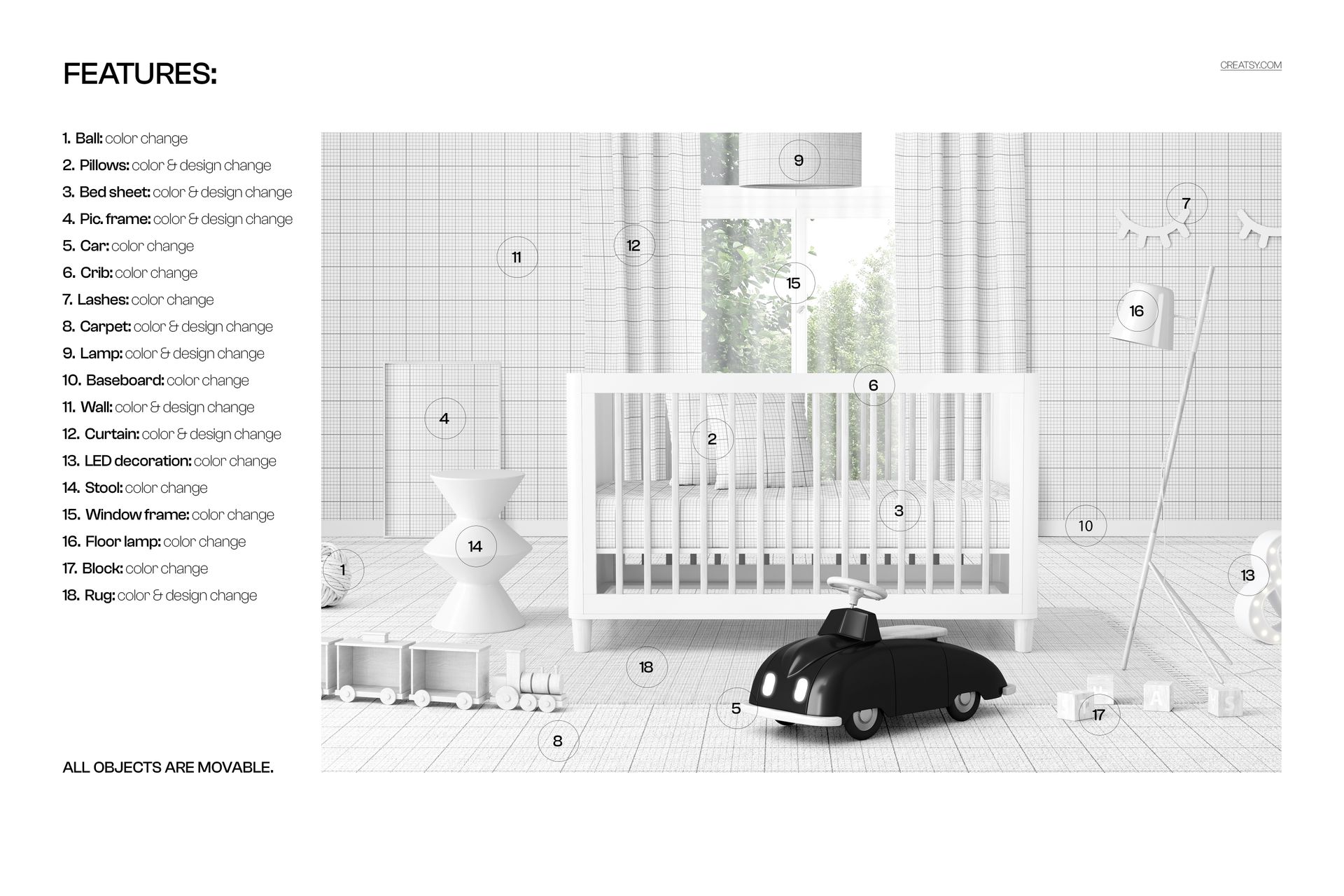 PSD mockup of a contemporary nursery featuring a white crib, geometric accents, and light gray walls, front view.