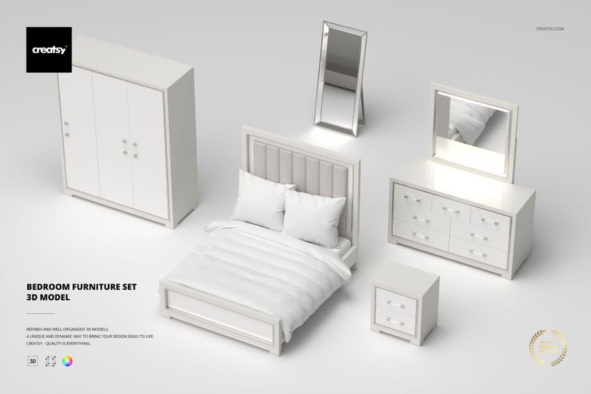 Bedroom furniture set featuring a bed, wardrobe, dresser with mirror, nightstand, and standing mirror in white finish.