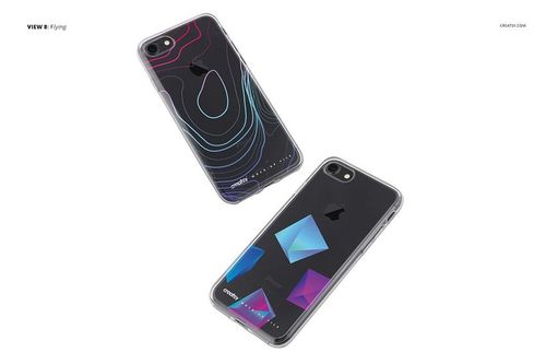 Mockup of two transparent iPhone 7 cases with colorful abstract patterns, displayed at an angled top view on white.