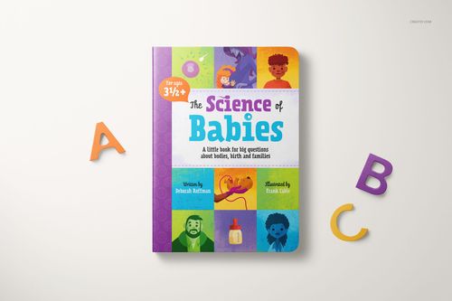 Front view of a board book mockup with vibrant graphics and text, placed on a neutral background with letter props.