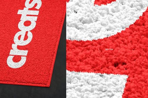 Red and white rug mockup displayed with a corner perspective and a zoomed-in view of the plush fabric texture.