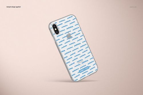 Clear iPhone XS case mockup with a blue wavy pattern, shown in a three-quarter view on a light beige background.
