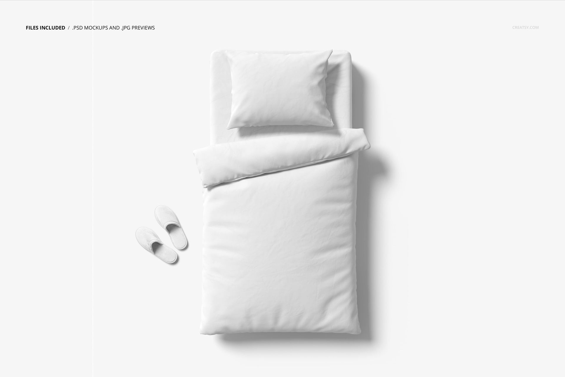 Austrian size bedding set mockup featuring a white duvet and pillow arranged on a white background, top view.