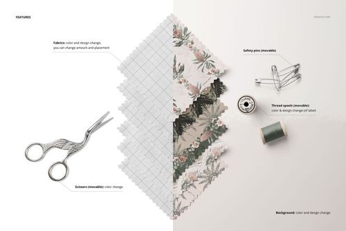 Fabric swatches mockup with floral and grid patterns, scissors, thread spool, and safety pins on a light background.
