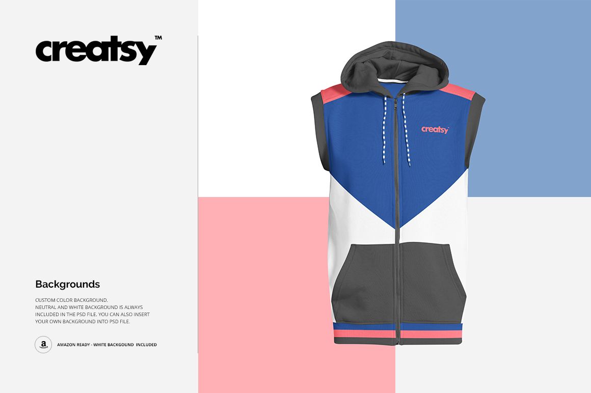 Sleeveless hoodie mockup in front view, featuring blue, white, and gray color blocks with red accents on a geometric background.