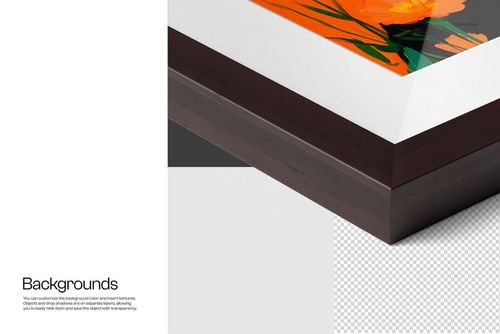 Close-up view of a solid wooden frame mockup with dark wood texture, white matte border, and colorful artwork.