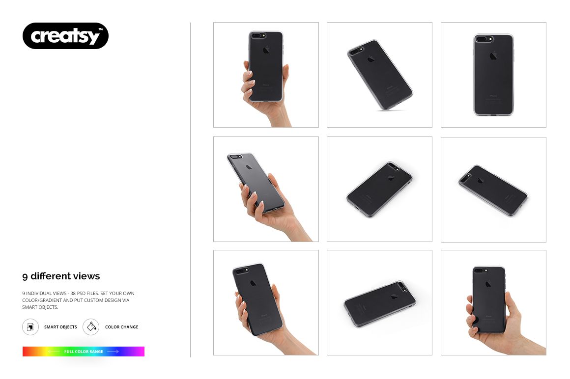 iPhone 7 Plus clear case mockup set with multiple perspectives, featuring close-ups and hand-held shots on white background.