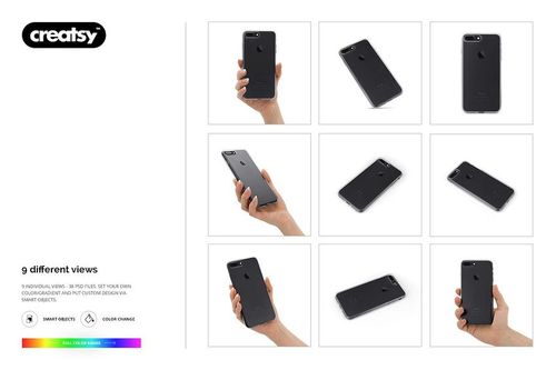 iPhone 7 Plus clear case mockup set with multiple perspectives, featuring close-ups and hand-held shots on white background.