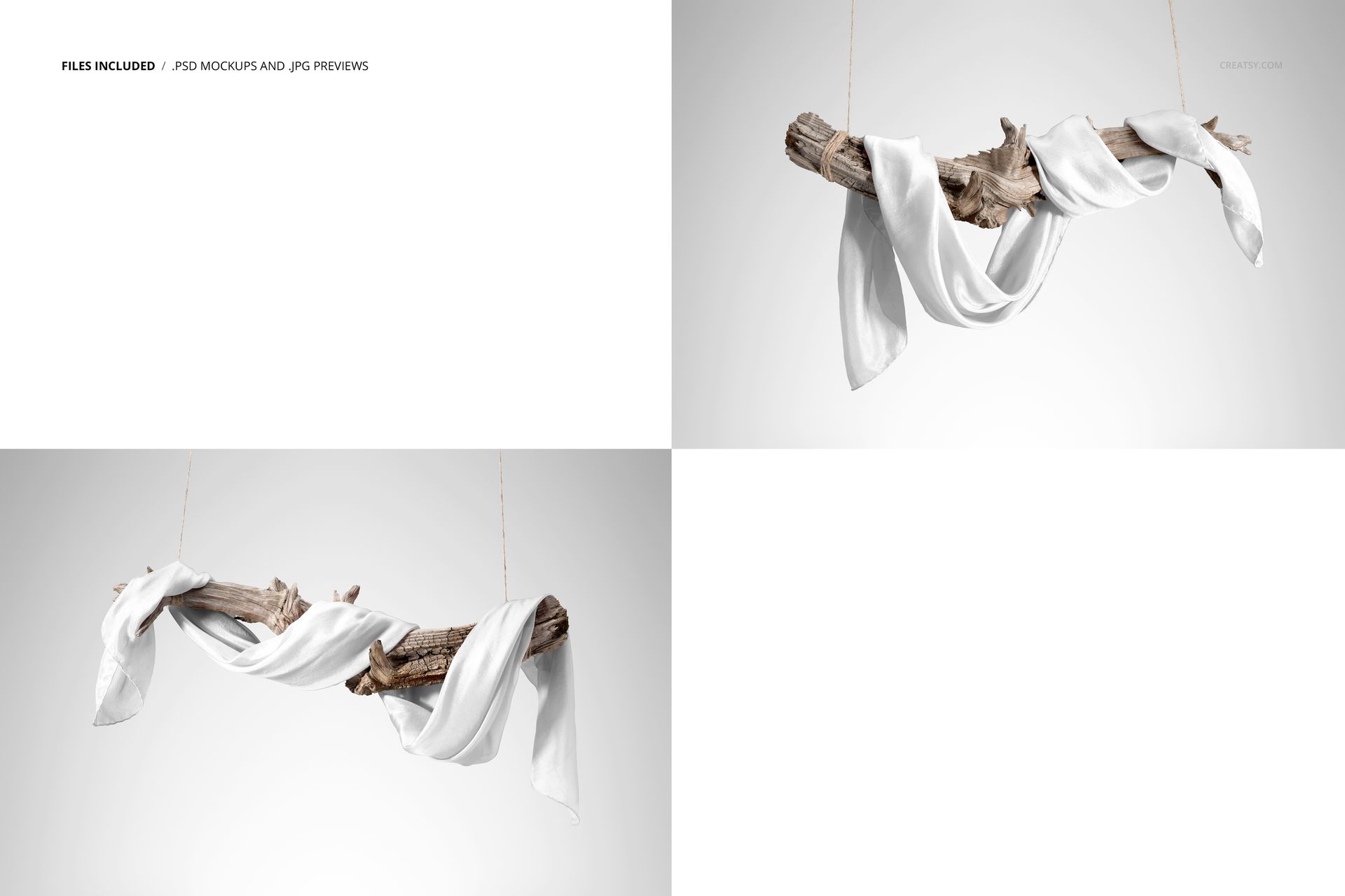 Mockup of a white silk scarf elegantly wrapped around driftwood, displayed with soft shadows on a light backdrop.