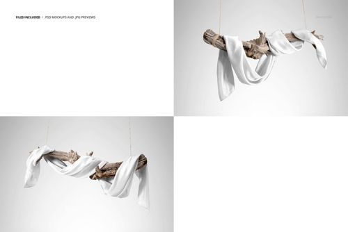 Mockup of a white silk scarf elegantly wrapped around driftwood, displayed with soft shadows on a light backdrop.