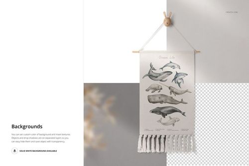 Front view of a PSD mockup showing a nursery wall banner with fringes and marine life illustrations, displayed on a wall.