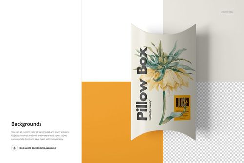 PSD mockup of a pillow box with a botanical print and modern typography, placed against white, orange, and transparent backgrounds.