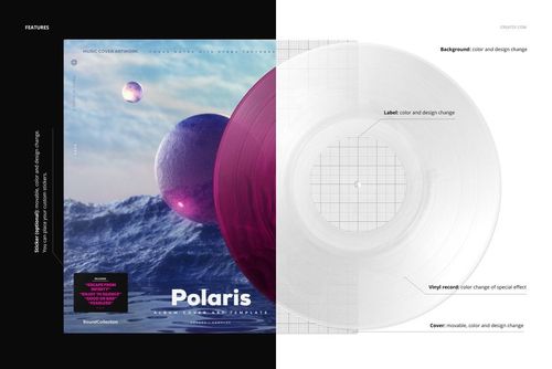 Front view of a vinyl record and cover mockup with a swirl effect, featuring a purple and blue cosmic design.