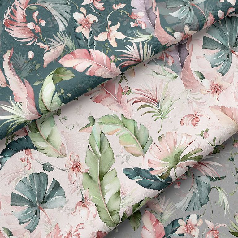 Double brushed polyester fabric mockup featuring two overlapping pieces with tropical leaf and floral patterns in pastel colors.