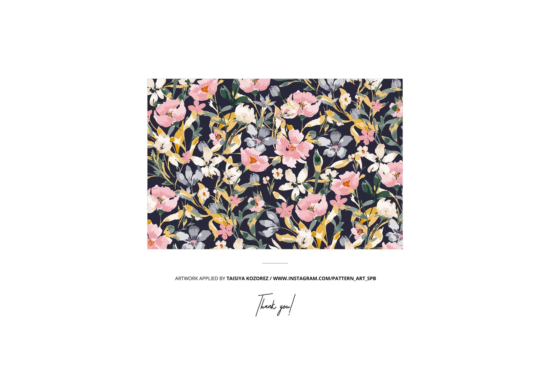 Detailed cotton fabric mockup displaying a vibrant floral print in shades of pink, yellow, and white on navy blue.
