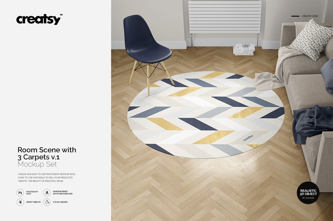 PSD mockup of a living space with three decorative carpets in white, blue, and yellow, arranged on parquet flooring.