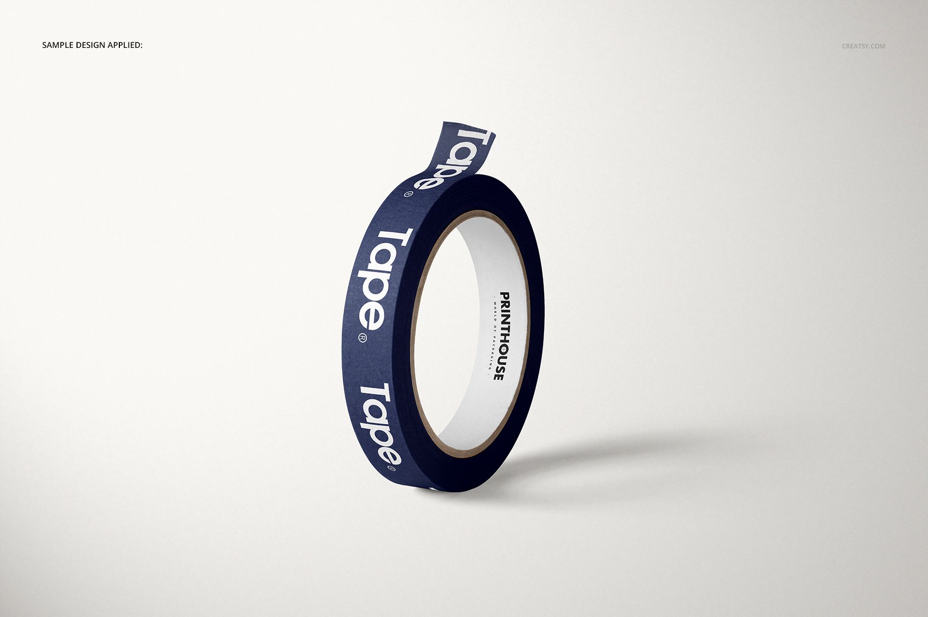 Front view of a packing tape mockup featuring dark blue tape with large white lettering, isolated on a minimal backdrop.