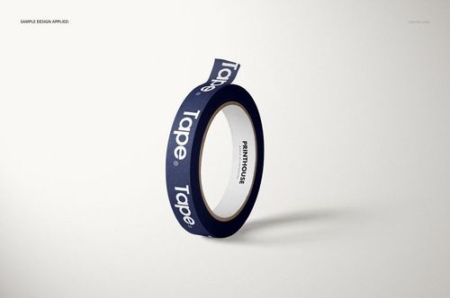Front view of a packing tape mockup featuring dark blue tape with large white lettering, isolated on a minimal backdrop.