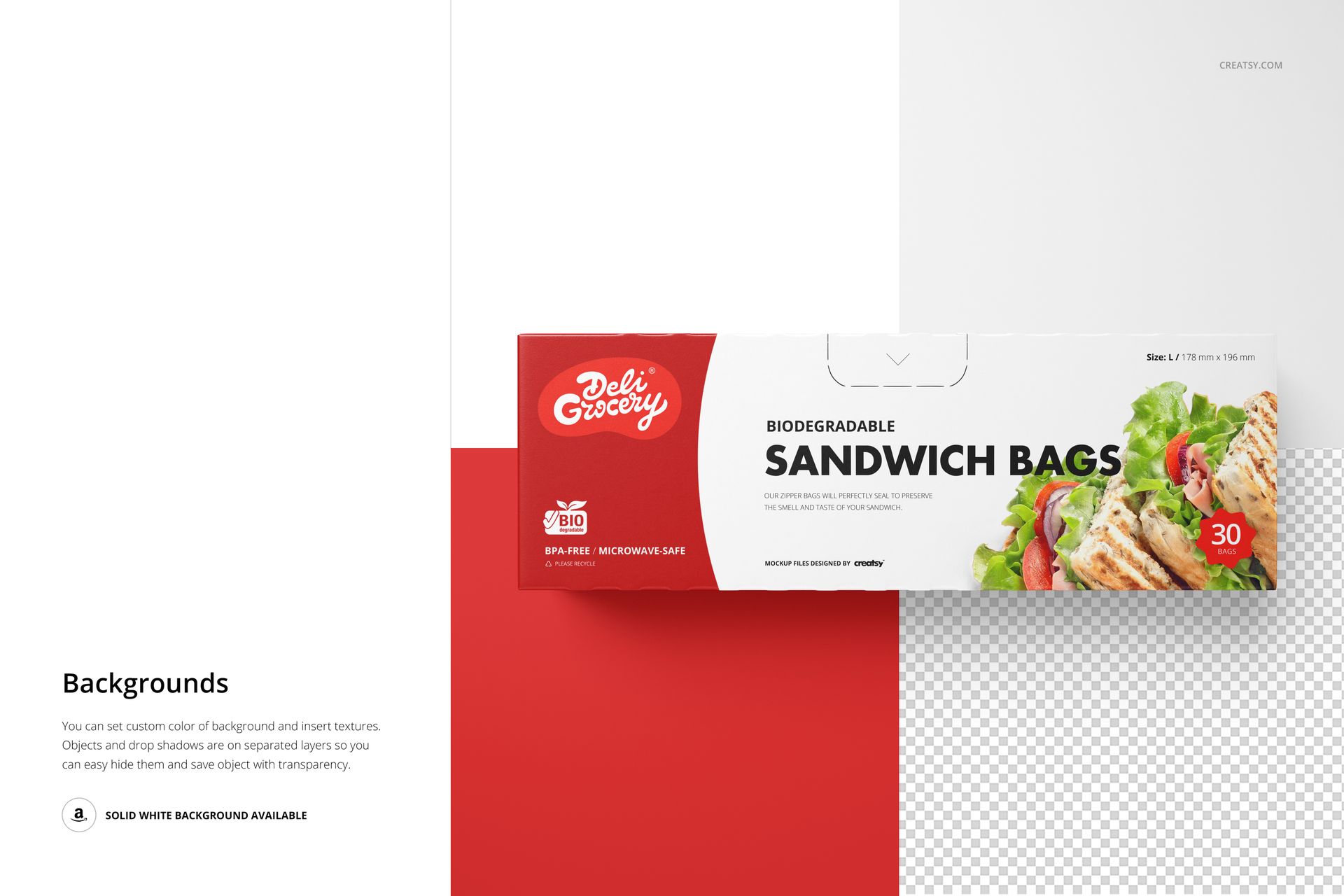 Rectangular sandwich zipper bags box with food images and text, shown in a front view mockup on a split background.
