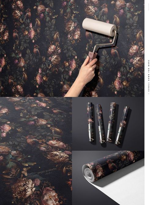 PSD mockup of non-woven vinyl wallpaper in a home setting, displaying intricate botanical patterns and texture.