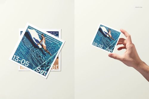 Hand holding a square photo print above a flat lay of two square prints featuring pool and beach scenes on a light background.
