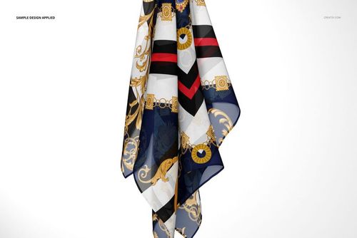 Front view of a chiffon silk scarf mockup featuring a decorative gold and navy pattern with red accents on white.