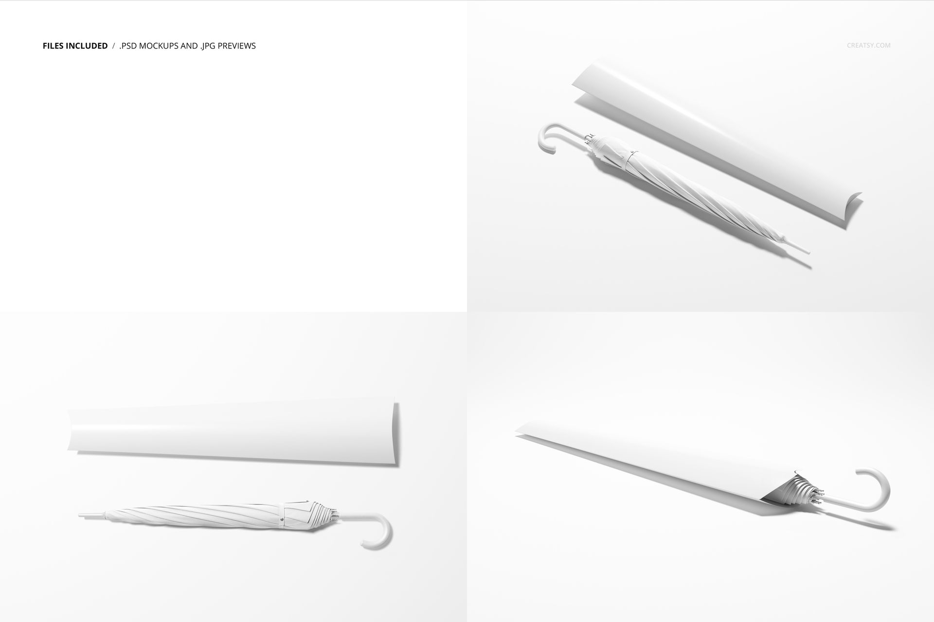 Set of white umbrella packaging mockup scenes showing a closed umbrella and elongated box from various angles.