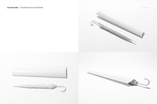 Set of white umbrella packaging mockup scenes showing a closed umbrella and elongated box from various angles.