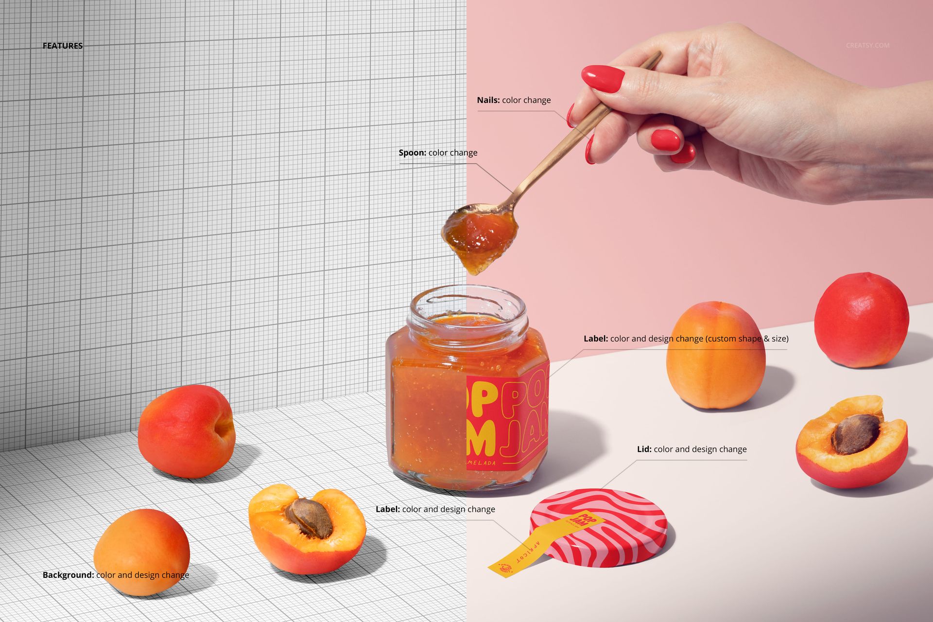 Front view of a glass apricot jam jar mockup with a colorful label, surrounded by whole and halved apricots on a split background.