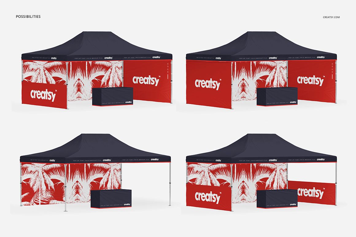 Pop up tent mockup with navy roof and red side panels featuring white palm tree graphics, shown from a front angle.