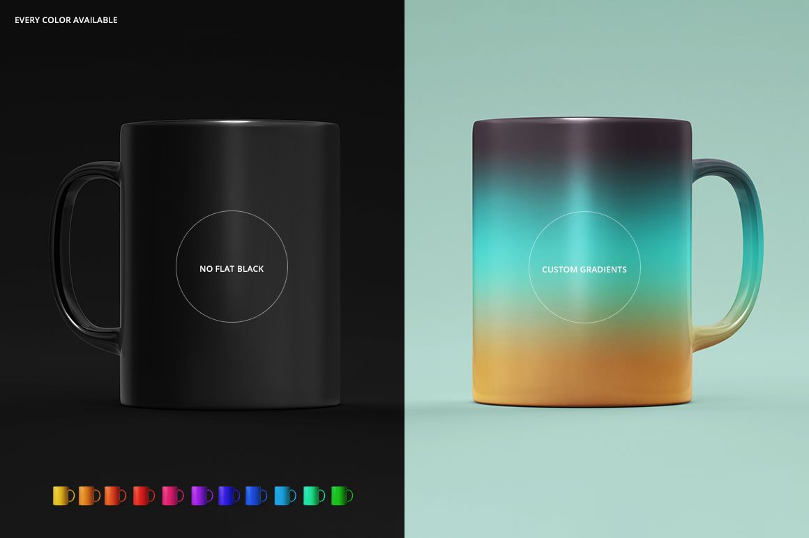Sublimation mug PSD mockup featuring a black mug and a gradient mug, with color options shown below on a dark background.