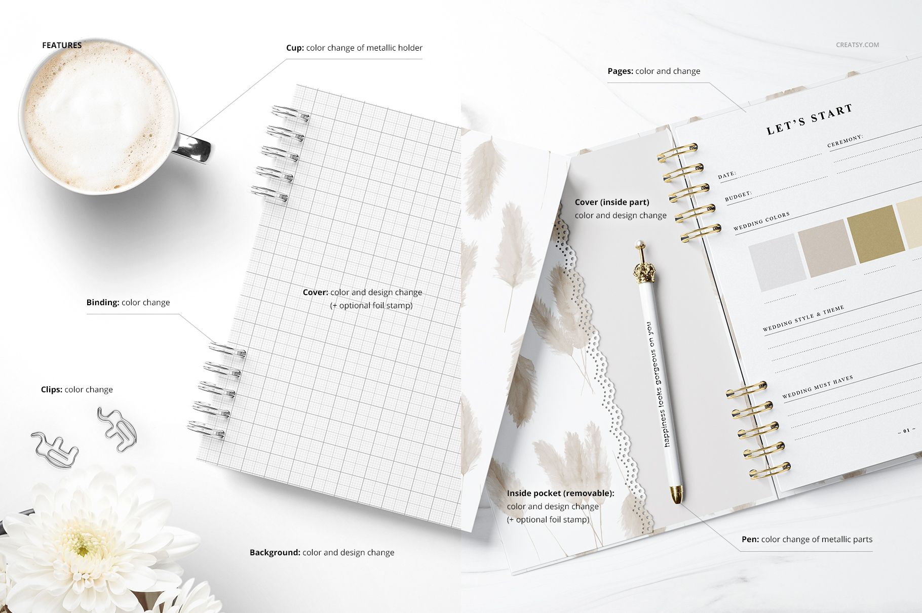 Open planner mockup with gold spiral binding, customizable cover and pages, shown on a white surface with a coffee cup.
