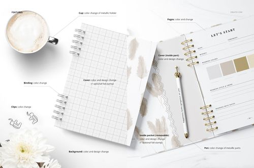 Open planner mockup with gold spiral binding, customizable cover and pages, shown on a white surface with a coffee cup.