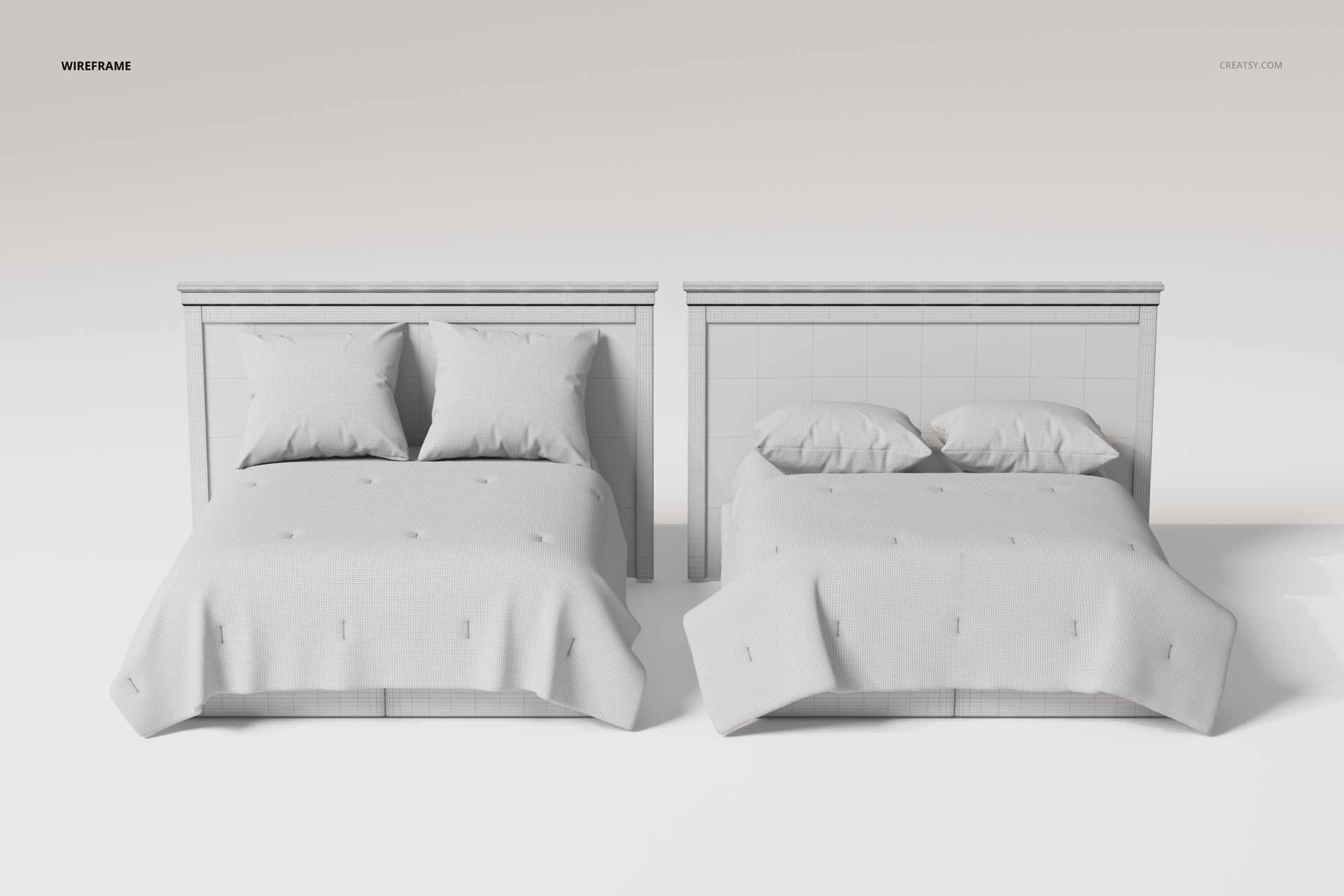Front view of two headboard beds with pillows and bedding, shown in a minimal white wireframe style on a plain background.