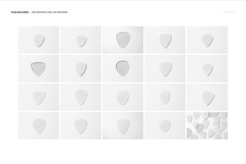 Set of various guitar pick mockups displayed in rows on a white background, each showing different shapes and angles.