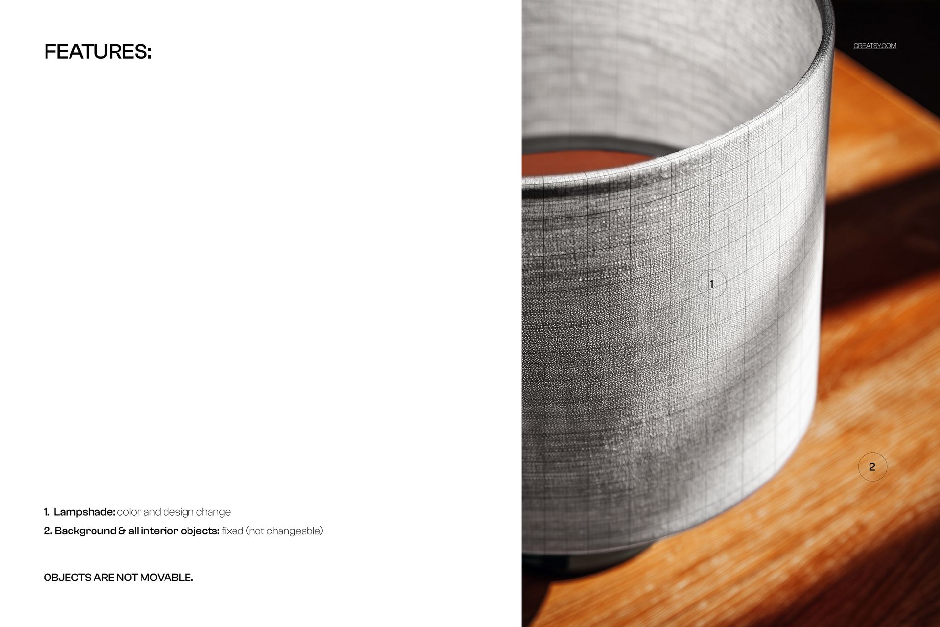 Top angle view of a drum lampshade mockup with a subtle grid pattern, placed on a wooden surface in natural light.