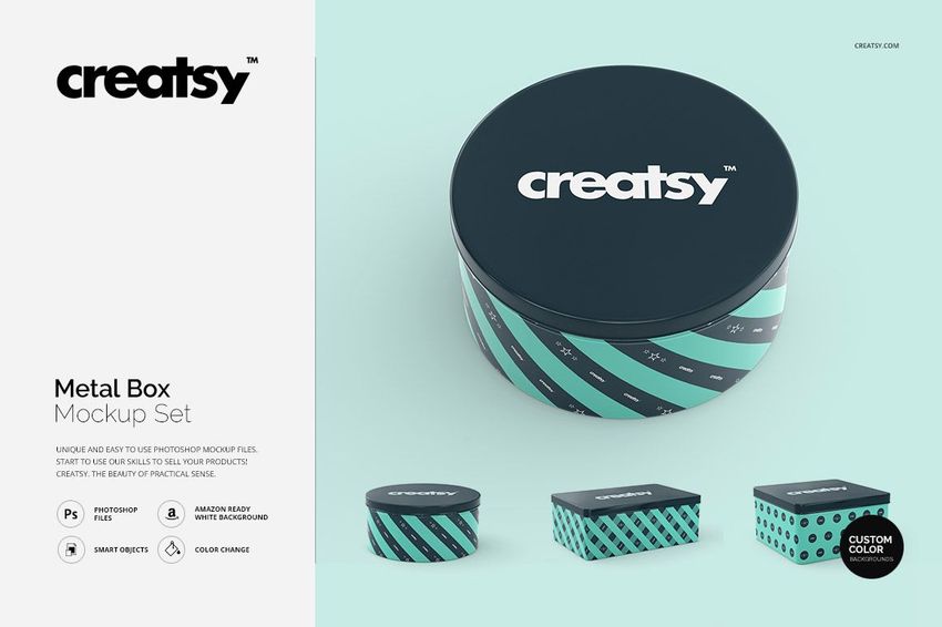 Metal box PSD mockup set showing circular and rectangular containers with abstract teal and black designs, top and front view.