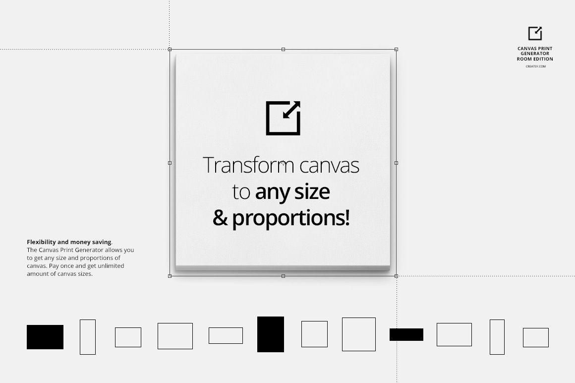 Front view of a square canvas print mockup on a white background with black geometric icons and text overlay.